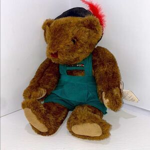 The Vermont Teddy Bear Co Vintage Plush Teddy Bear with Green Overalls